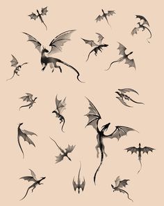 black and white drawing of flying dragon silhouettes on light pink backgrounnd background