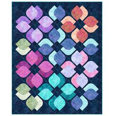 a quilted wall hanging with an abstract design in blue, pink and green colors