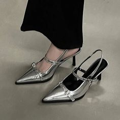 LBSFY - Summer New Brand Women Sandal Fashion Pointed Toe Shallow Buckle Ladies Dress Slingback Sandals Woman High Heel Mules Zapatos Mary Jane, Dr Shoes, High Heel Mules, Heel Mules, Thick Heel, Mary Jane Heels, Jane Shoes, Silver Shoes, Black High Heels