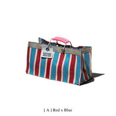 a red and blue striped bag with a pink handle