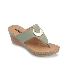 Good Choice-Genelle Wedge Sandal Slide into versatile appeal with the Genelle wedge sandal from Good Choice. This pair features a flashy hardware ring and faux wood heel to complement anything from capris to dresses. Green Wedges, Sandal Online, Wood Heel, Womens Sandals Wedges, Shoe Carnival, Toe Sandals, Wedge Sandal, Leather Top, Wedge Heels