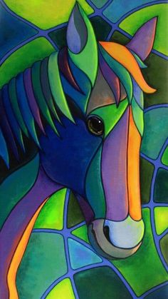 an abstract painting of a horse's head in blue, green and yellow colors