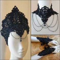 "Do you want to make a gift? Or you want to treat yourself? All three items in One bundle, to make the perfect set! Original price: 165€, now 135 🖤Kokoshnik headdress made with mesh fabric and beaded lace. Black crystals chain on forehead. Lightwear and adjustable with an elastic band. 🖤Chocker made with beaded lace and delicate black crystals chain. Back laced with black ribbon. 🖤Gloves made with the same beaded lace. Adjustable with black ribbon. *Important note* this is a \"made to order\" Victorian Lingerie, Gothic Princess, Velvet Corset, Goth Wedding, Chocker Necklace, Fantasy Gowns, Vintage Gowns, Crystal Chain, Make A Gift