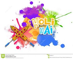 holi hai with crayons and paint splatters on white background stock photo