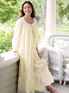 Inspired by the sunny beauty of buttercup flowers, this inviting woven cotton robe by Eileen West is as innocent and sweet as a field of wildflowers in bloom. Featherweight combed cotton lawn robe is adorned with latticework floral lace, pintucking, and shell buttons, and is trimmed with lace interwoven with satin ribbon. It is generously cut with a full sweep and is finished with a ruffled hem detailed with floral lace and petite vertical pintucks. 100% cotton lawn in beautiful buttery yellow D Buttercup Flowers, Womens Nightgown, Rich Fashion, Vermont Country Store, Eileen West, Elegant Pant, Cotton Nightgown, Floral Robes, Women's Robe