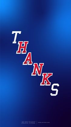 the word thank is written in red and white on a blue background