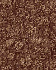 an intricately designed wallpaper with flowers and leaves in brown, on a dark background