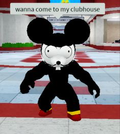 an animated mickey mouse is standing in front of a red carpeted area with a sign that says wanna come to my clubhouse