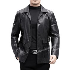 This stylish black leather jacket is the perfect choice for those who want to channel their inner Rocky Balboa. Made from high-quality leather, it features a sleek design that exudes confidence and attitude. The jacket is adorned with a classic collar and is complemented by the addition of sunglasses, adding a touch of mystery to the overall look. Whether you're hitting the streets or attending a social gathering, this Rocky Balboa-inspired leather jacket is sure to make a statement and elevate Sleek Leather Jacket For Fall, Sleek Single Breasted Leather Jacket, Sleek Single-breasted Leather Jacket With Long Sleeves, Sleek Single-breasted Leather Jacket, Black Biker Leather Jacket For Formal Occasions, Modern Black Biker Jacket For Formal Occasions, Trendy Single-breasted Leather Jacket, Sleek Black Leather Outerwear, Elegant Leather Biker Jacket For Winter