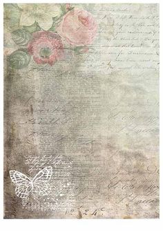 an old fashioned photo with flowers and butterflies on the bottom half of it, as well as writing