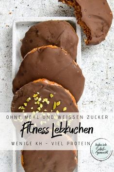 chocolate covered cookies with sprinkles on a white plate next to the words fitness lekuchen