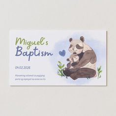 a business card with an image of a panda bear holding a baby in it's arms