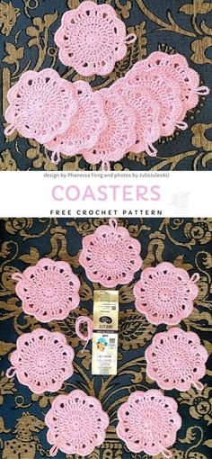 the crochet pattern for coasters is shown in pink