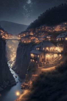 a painting of a town on the edge of a cliff with a river running through it