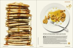 a stack of pancakes sitting on top of a white plate next to a pile of bananas