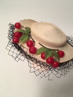 Super fun novelty white layered hat with blue netting / veil and fake cherries. Has some spotting throughout (see photos) and will be priced as is Cherry Clothes, Sparkly Halter Top, Daphne Scooby Doo Costume, Fascinator Hats Diy, Fashion 40s, Vintage Hat Boxes, French Hat, Large Brim Hat, Novelty Hats