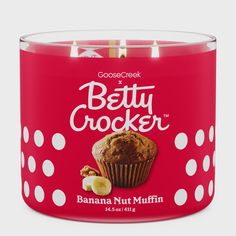 a banana nut muffin in a red polka dot tin with the label betty crocker