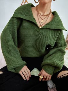 Dark Green Casual  Long Sleeve Acrylic Plain Pullovers Embellished Medium Stretch Fall/Winter Women Knitwear Green Outfits For Women, Batwing Sleeve Sweater, Pullover Outfit, Women Sweaters, Long Sleeve Pullover Sweater, Drop Shoulder Sweaters, Bishop Sleeve, Green Outfit, Women Sweater