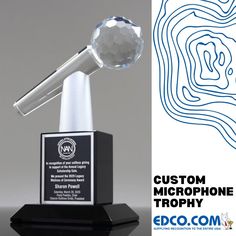 an award is shown with the words custom microphone trophy on it's pedestals