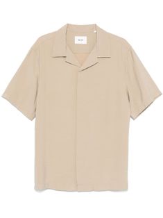 light beige modal blend seersucker texture crinkled finish concealed front button fastening notched collar short sleeves straight hem Notched Collar Shirt, Vacation Wardrobe, Balenciaga Track, Balenciaga Triple S, Dress Watch, Custom Watch, Short Suit, Derby Shoes, Notched Collar