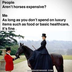 a woman in a red dress is standing next to a black horse and the words people aren't horses expensive? me as long as you don't spend on luxury items such as food or basic healthcare, it's fine