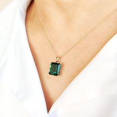 This stunning pendant is set in 14K Solid Yellow Gold with Deep Green Emerald Hydro in classic prong setting. It is an unique gemstone pendant for nearly every occasion and is completely hassle-free jewelry. ◾ITEM DETAILS * Gem: Emerald Hydro * Gem Size: 10X12mm * Gem Shape: Octagon cut * Gem Weight: 5.50 carats * Gold Purity: 14KT  * Gold Weight: 0.97gram * Total Weight of the Pendant: 2.07 gram The Gold purity is guaranteed and it comes with authentic 14KT gold hallmark. Since my items are han Elegant Emerald Pendant Gemstones, Elegant Emerald Pendant Birthstone Necklace, Elegant Emerald Necklace With Large Pendant, Classic May Birthstone Gemstones For Gift, Emerald Jewelry With Gemstone Accents For Gift, Emerald Large Pendant Jewelry Gift, Emerald Necklace With Prong Setting As Gift, Elegant Faceted Emerald Gemstones, May Birthstone Jewelry With Emerald Cut Gemstone Accents