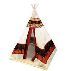 a teepee tent with red and white designs on the front, sitting against a white background