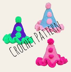 three crocheted hats with pom poms on top and the words crochet pattern below