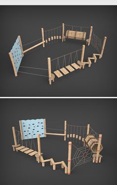 two different views of a wooden play structure with ropes and ladders on each side