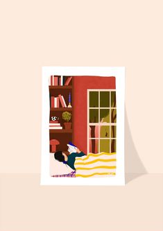 an illustration of a woman laying in bed next to a bookshelf