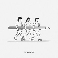 three people carrying a giant pencil drawing