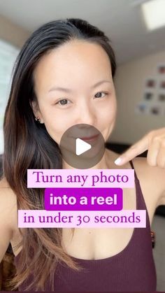 a woman pointing at the camera with an ad in front of her that reads turn any photo into a reel in under 30 seconds