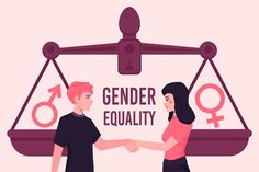 two people shaking hands in front of a scale with the words gender equality on it