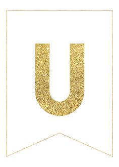 the letter u is made up of gold glitter and has a white background with a golden border