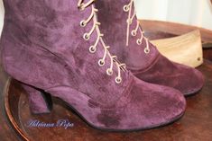 "Request a Custom Order and have something made just for you! Order your customised boots for wider feet , strong calf and narrow feet also. Beautiful Victorian High Heel Boots . High quality Italian Amethyst purple suede leather . Are issued by limited series. Model inspired from 1900 boot style. Mid calf height: height of the heel 2,6\" inch/ 7 cm length of the boot from the bottom of the sole (at the heel) to the top 10\" inch / 25,5 cm You can get remarkable and not expensive handmade boots Victorian Boots For Formal Fall Occasions, Victorian Boots With Leather Sole For Fall, Vintage Suede Boots With Leather Sole, Victorian Round Toe Boots For Fall, Vintage Winter Lace-up Boots With Snip Toe, Victorian Style Round Toe Boots For Fall, Vintage High Ankle Boots For Formal Occasions, Vintage Closed-toe Heeled Boots For Fall, Vintage Closed Toe Heeled Boots For Fall