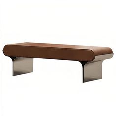 a brown bench sitting on top of a white floor next to a metal wall mounted shelf