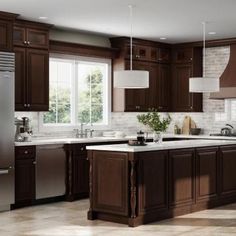 a large kitchen with wooden cabinets and white counter tops