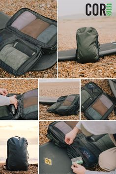 the contents of a backpack sitting on top of a beach