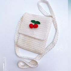 Cute Croshet Mini Bag With Crochet Cherry Decoration, Lined Size 6x7,5 Inch New White Everyday Use Phone Pouch Bag, White Crochet Satchel Bag For Everyday Use, Trendy White Crochet Bag For Daily Use, Casual White Crochet Rectangular Bag, Casual White Crochet Satchel Bag, Casual White Rectangular Crochet Bag, White Shoulder Phone Bag For Daily Use, White Crochet Satchel Bag For Daily Use, White Satchel Phone Bag With Adjustable Strap