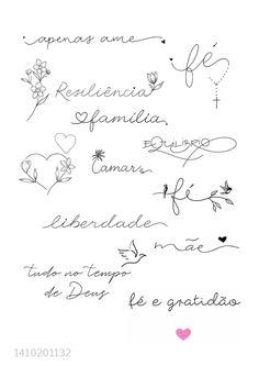 the words in spanish are written on white paper with black ink and pink heart shaped flowers