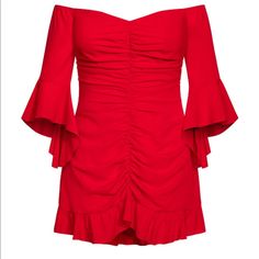 Off The Shoulder Fully Lined Dress Xs According To Brand - Fits Like Us 14 Red Off-shoulder Ruched Mini Dress, Red Ruched Off-shoulder Mini Dress, Red Off-shoulder Ruched Dress, Red Ruched Off-shoulder Dress, Casual Ruched Cocktail Dress, City Chic Dresses, City Chic, Dresses Xs, Off The Shoulder