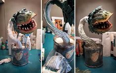 three pictures of an odd looking creature in a trash can with it's mouth open