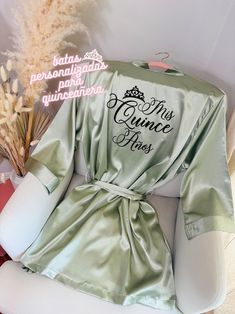 Sage Quinceañera Robe, Glitter Personalized Mis Quince Robe, Sweet Sixteen Robe Custom Glitter, Mis Quince Robe, Quince Birthday Robes - Etsy Quince Robe, Quince Surprise Dance Outfits, Surprise Dance Outfits, Surprise Dance, Glitter Text, Rhinestone Tiara, Custom Glitter, Womens Robes, Sweet Sixteen