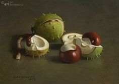 an oil painting of some fruit on a brown table top with one half peeled and the other half whole