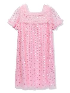 bubblegum pink recycled polyester tulle netting sequin design ruffled trim square neck empire line short sleeves straight hem This item is made from at least 50% recycled or upcycled materials. For recycled synthetic clothing products, we highly recommend using a microfibre-catching washing bag to ensure that no microplastics that can pollute water are released in the process. Learn more about what makes a product Conscious on our Conscious Criteria page Dress With Jean Jacket, Dolce And Gabbana Kids, Sequin Design, Upcycled Materials, Needle Thread, Smocked Dress, Stella Mccartney Kids, Girls Party, Bubblegum Pink