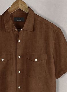 Emphasize the casual mood with our European Oak Brown Linen Western Style Shirt, ensuring a comfortable yet fashionable look for any weekend activities.  Crafted from 100% linen, a comfortable choice also for summer, which gives a relaxed and on-trend look.    Buttons: Ivory Snap  Pocket Style: Flap    Made according to your measurements for the special you.  Pamper yourself, get this shirt made exclusively for you now!  Woven In Europe Brown Spread Collar Tops For Spring, Spring Brown Spread Collar Top, Classic Short Sleeve Shirt With Relaxed Fit For Vacation, Brown Camp Collar Shirt For Spring, Classic Relaxed Fit Short Sleeve Shirt For Vacation, Brown Short Sleeve Camp Shirt For Spring, Brown Relaxed Fit Shirt For Everyday, Classic Short Sleeve Shirt For Vacation, Brown Collared Camp Shirt For Summer