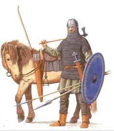 a man in armor standing next to a horse