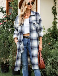 Women's Plaid Shacket INS Style Woolen Plaid Print Long Sleeve Jacket Long-Length Check Shacket Fall Single-breasted Long Sleeve Outerwear, Oversized Long Sleeve Outerwear With Buttons, Plaid Long Sleeve Outerwear With Button Closure, Plaid Lapel Collar Outerwear For Fall, Plaid Outerwear With Lapel Collar For Fall, Fall Outerwear With Pockets And Lapel Collar, Long Outerwear With Pockets, Casual Long Fall Outerwear, Plaid Long Coat With Pockets