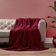 a couch with a red blanket on it next to a potted plant