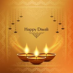 happy diwali greeting card with oil lamps and hanging candles on golden background illustration